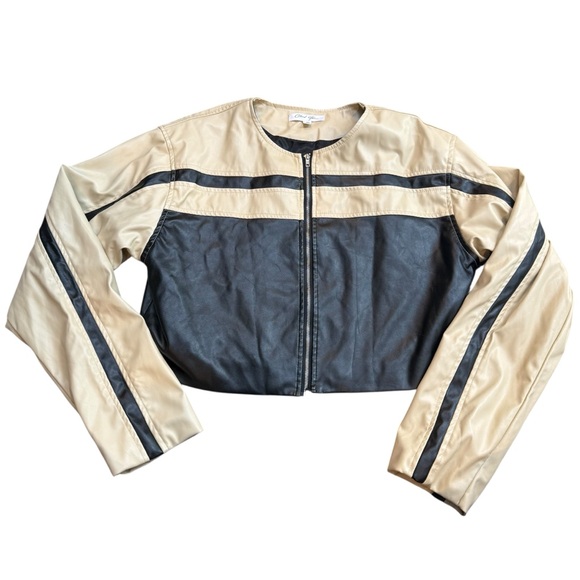 Cloud Ten Women’s Size M Cropped Racer Jacket Black Tan Faux Leather Moto Baddie - Picture 2 of 16